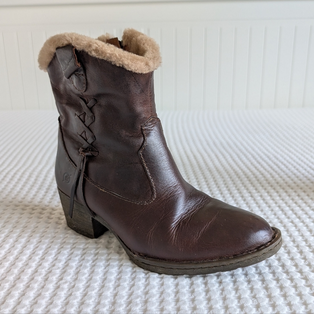 Born Western Boots Mid Calf Brown Leather Shearling Fur Lining Women's Size 6
